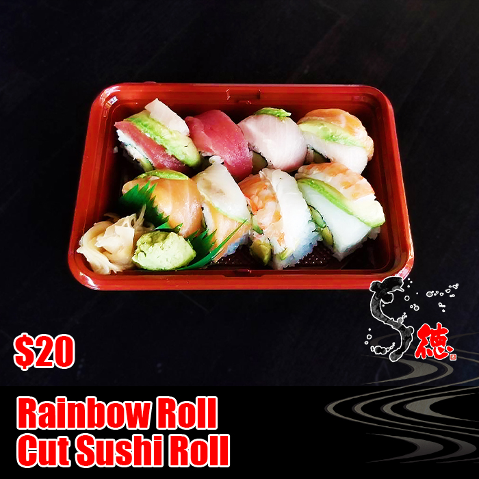 Cut roll. California Roll (Immitation Crab, Avocado, Japanese Cucumber) topped with tuna, yellowtail, salmon, white fish, shrimp.<br><br><br>
