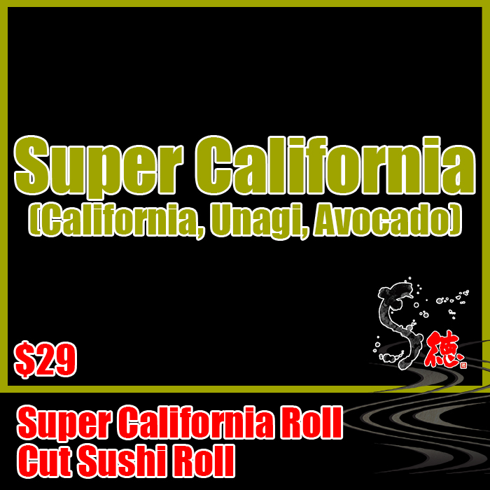 Cut roll. California Roll (immitation crab, avocado, Japanese Cucumber) topped with our directly imported Special Unagi and avocado.<br><br><br>
